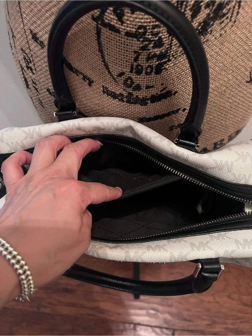 Michael Kors White MK Monogram Satchel with Black Trim